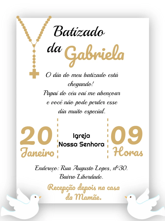 Convite de Batizado com Terço Dourado para Editar Online