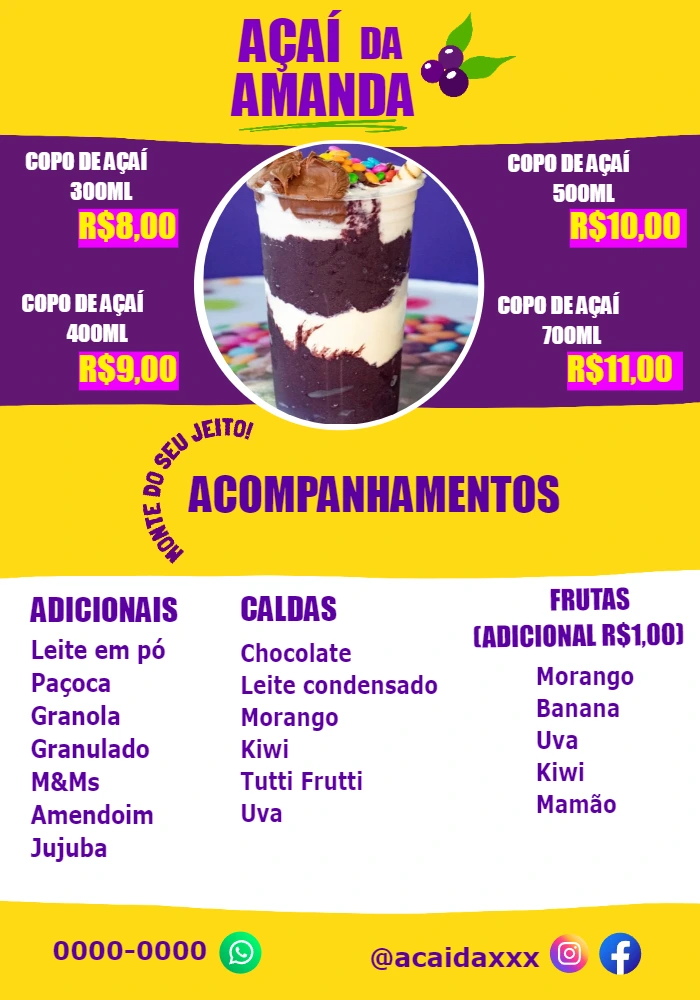 Cardápio de Açaí Colorido e Moderno para Editar Online