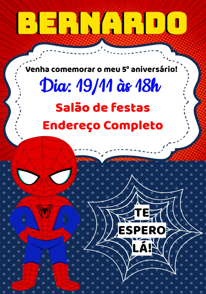 Convite Aniversário Homem Aranha Cute para Editar Online