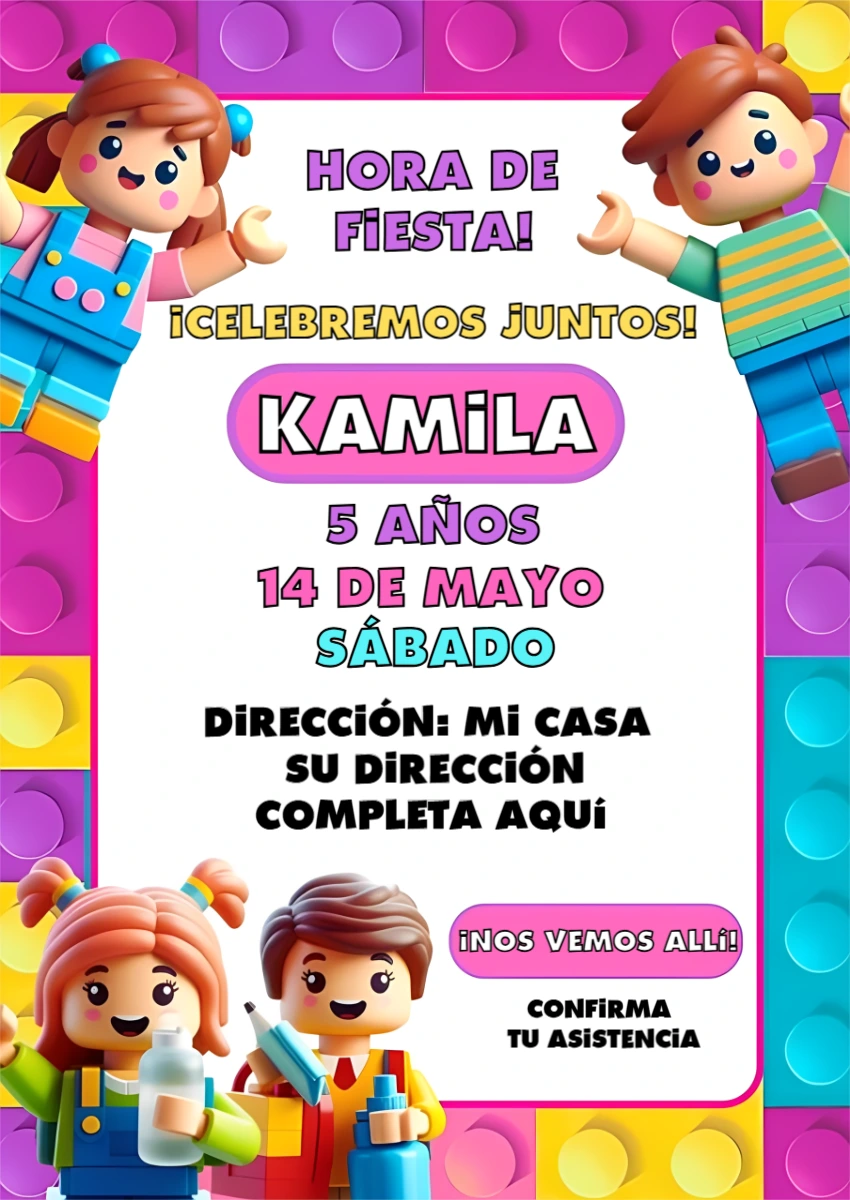 Invitación de Cumpleaños Infantil Bloques de Construcción Lego Editable