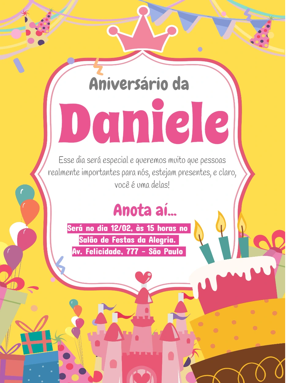 Convite Aniversário Castelo de Princesa para Editar Online