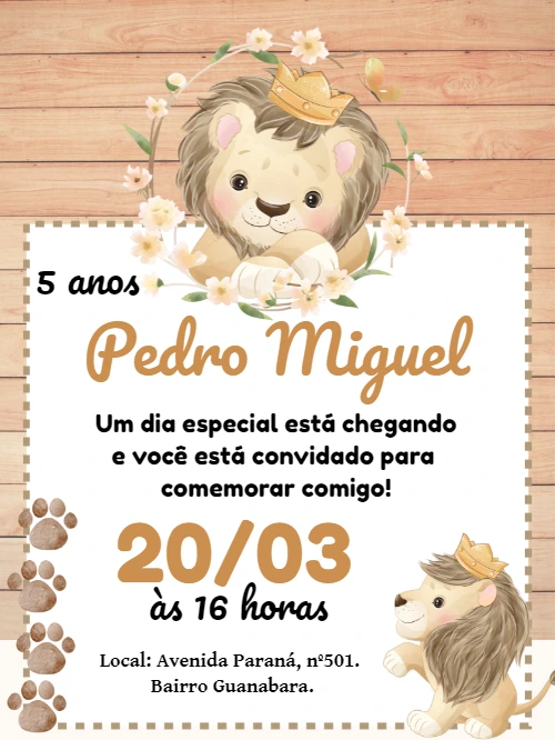 Convite Aniversário Leãozinho com Coroa para Editar Online