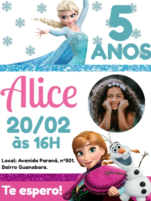 Convite Aniversário Frozen com Foto para Editar Online