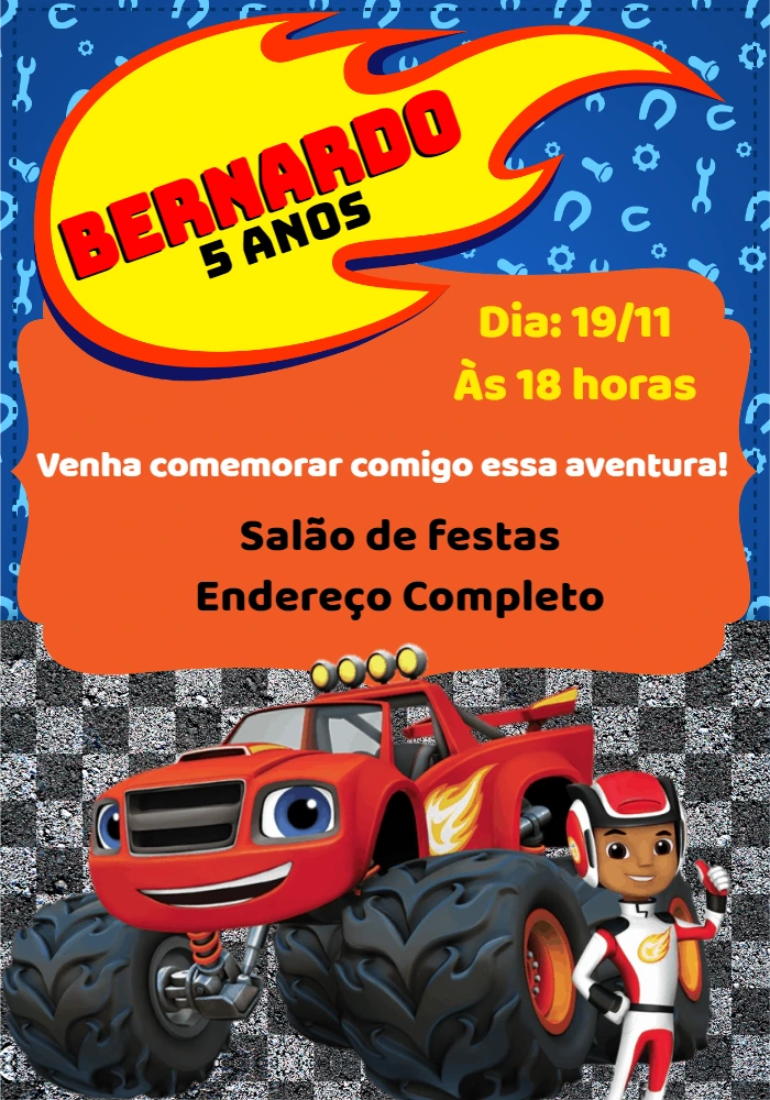 Convite de Aniversário Blaze and the Monster Machines Editável