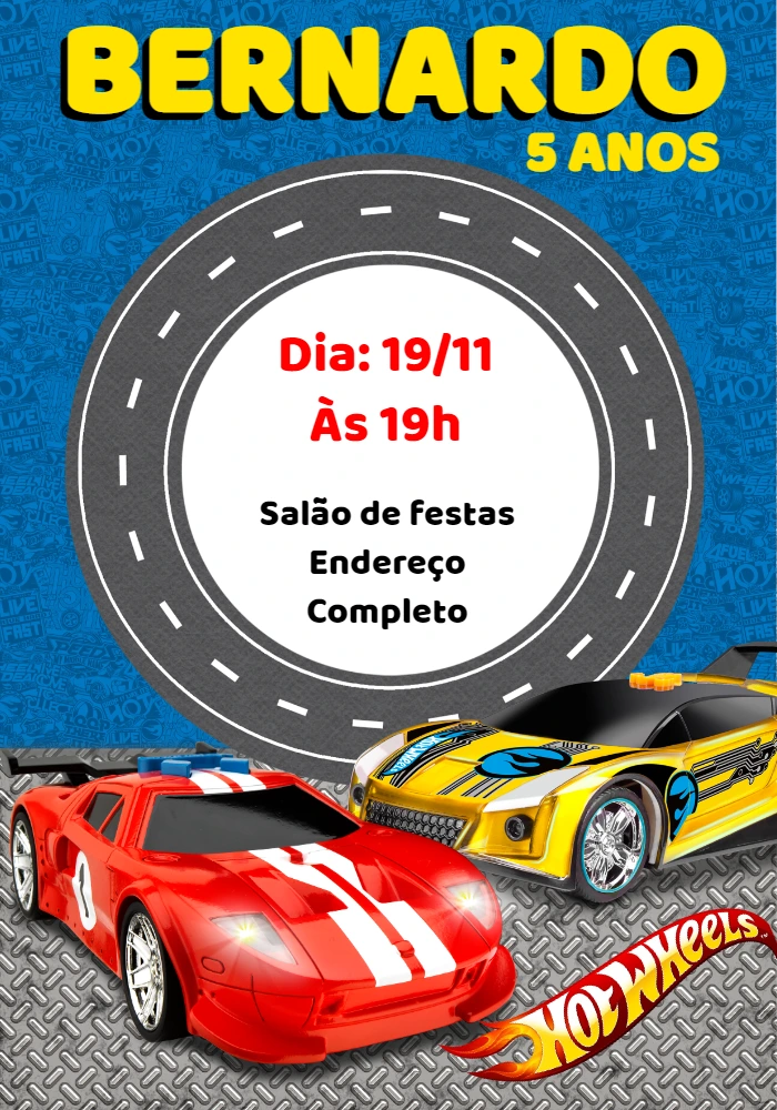 Convite de Aniversário Hot Wheels com Carros para Editar Online