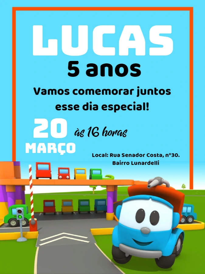 Convite Aniversário Léo o Caminhão para Editar Online