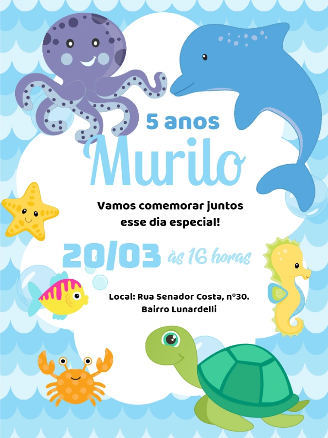 Convite Aniversário Fundo do Mar com Animais para Editar Online