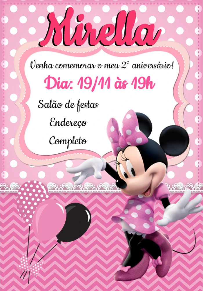 Convite de Aniversário Minnie Rosa para Editar Online