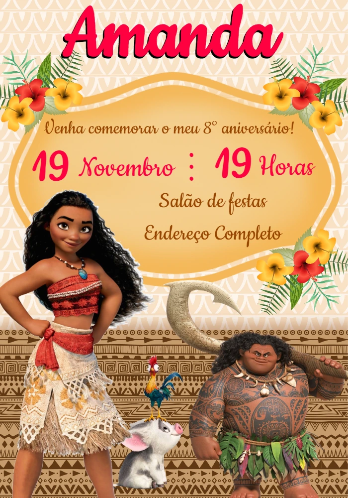 Convite de Aniversário Moana com Personagens para Editar Online