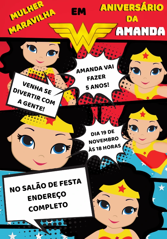 Convite Aniversário Mulher Maravilha Cute para Editar Online