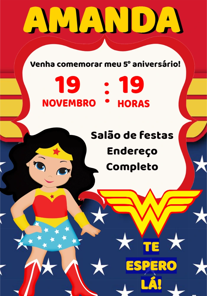Convite de Aniversário Mulher Maravilha Cute para Editar Online