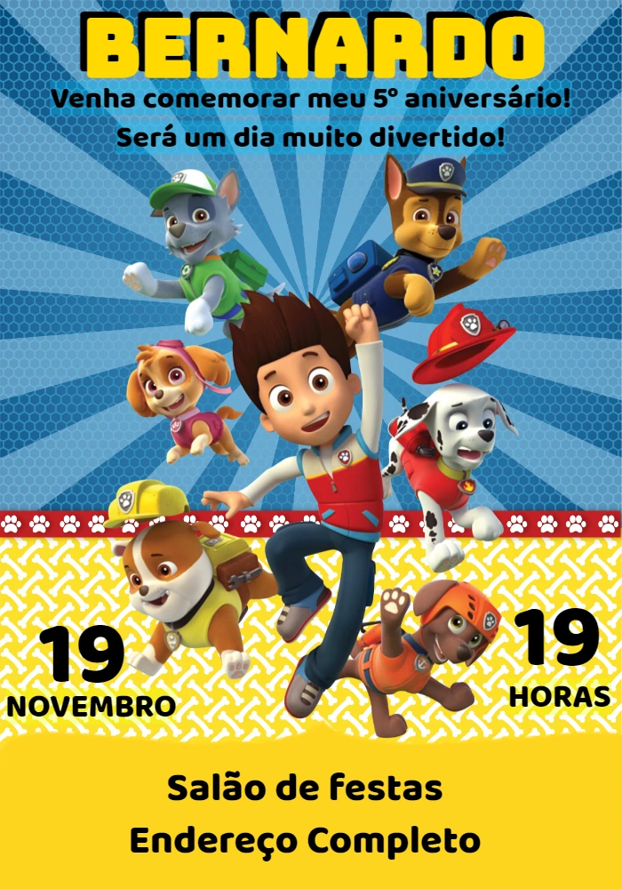 Convite de Aniversário Patrulha Canina para Editar Online