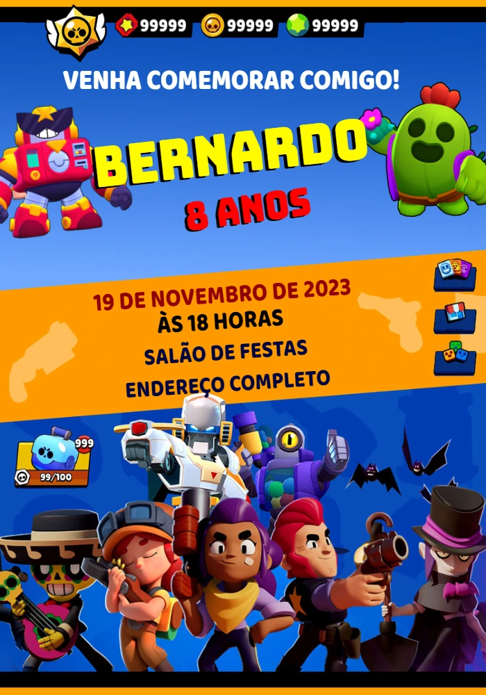 Convite Aniversário Brawl Stars com Personagens para Editar Online