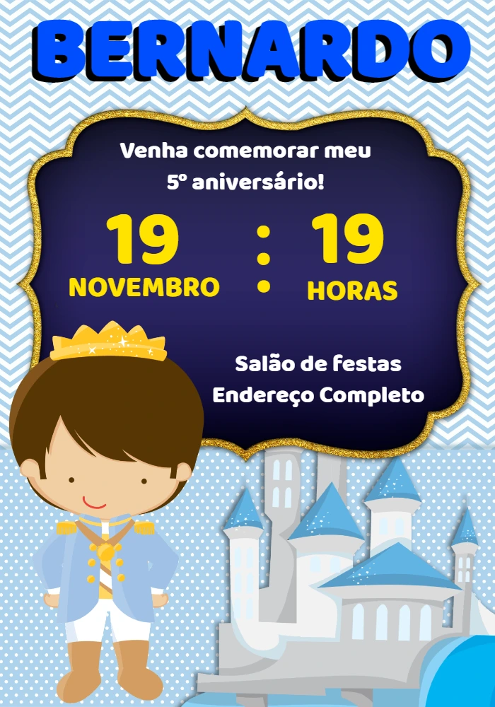 Convite Editável Online Aniversário Príncipe Realeza
