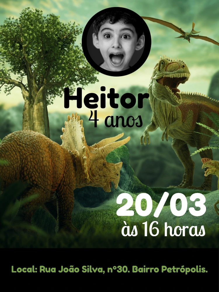 Convite de Aniversário Dinossauro com Foto para Editar Online