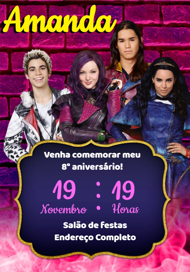 Convite de Aniversário Descendentes com Personagens para Editar