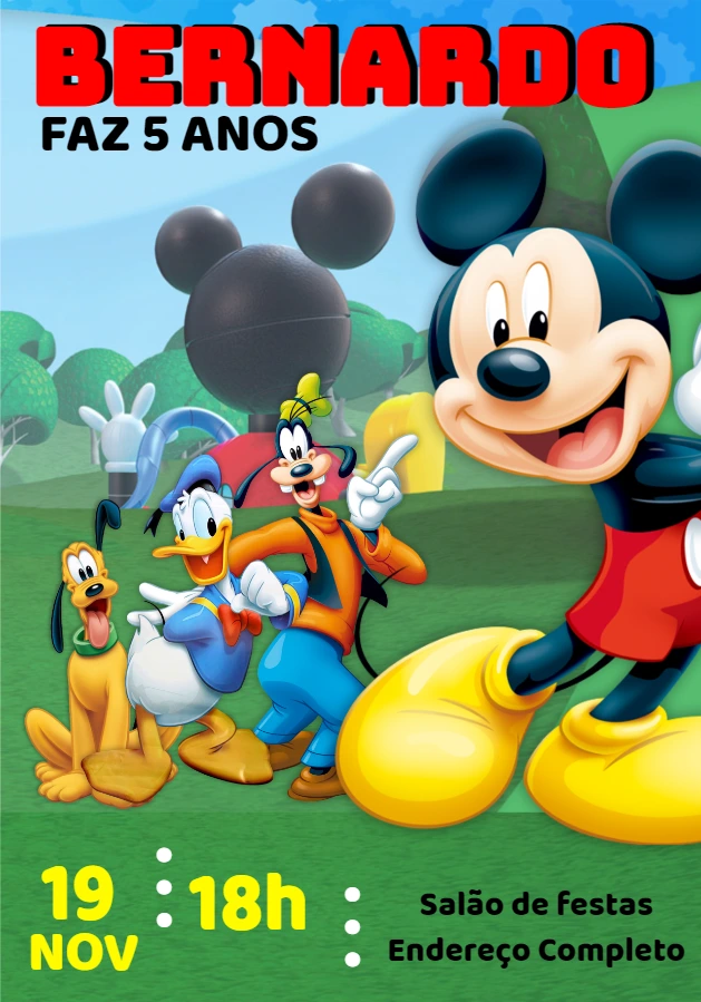 Convite de Aniversário Mickey e Turma para Editar Online