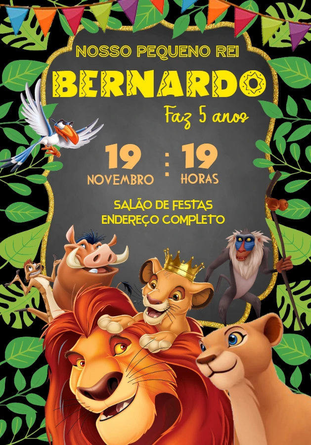 Convite Aniversário Rei Leão com Personagens para Editar Online