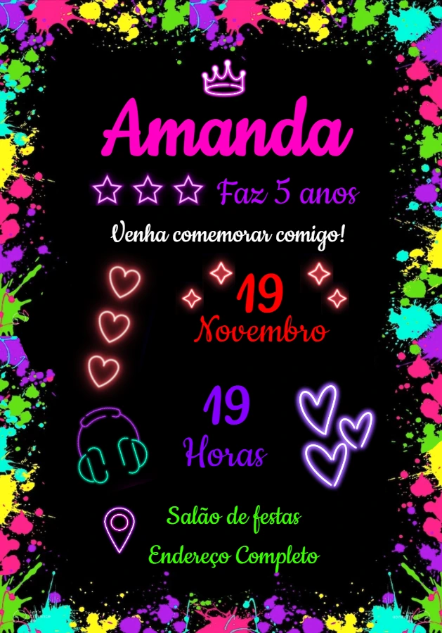 Convite de Aniversário Festa Neon para Editar Online