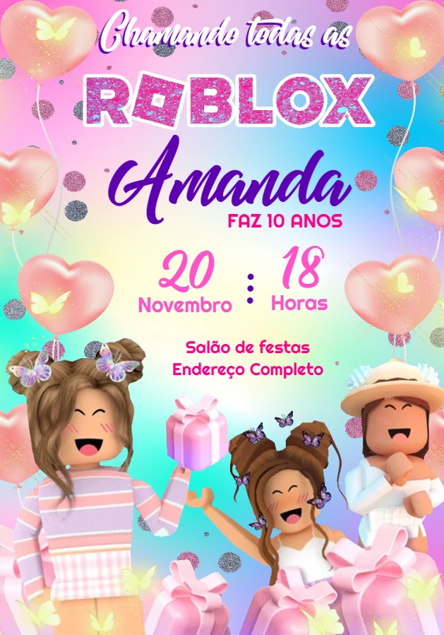 Convite Aniversário Roblox Menina para Editar Online