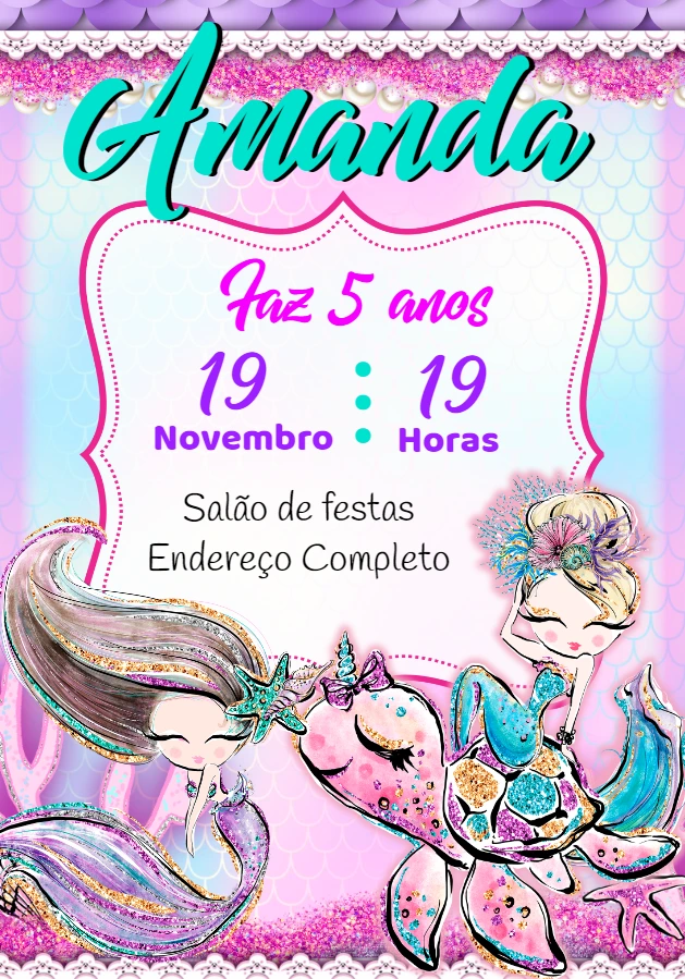 Convite de Aniversário Sereia com Brilho para Editar Online