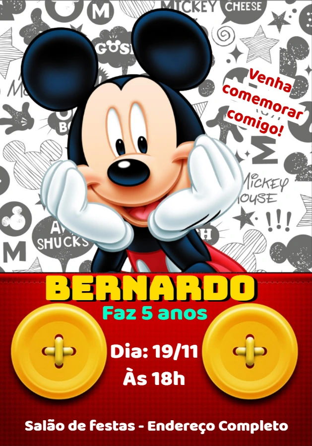 Convite de Aniversário Mickey Mouse para Editar Online