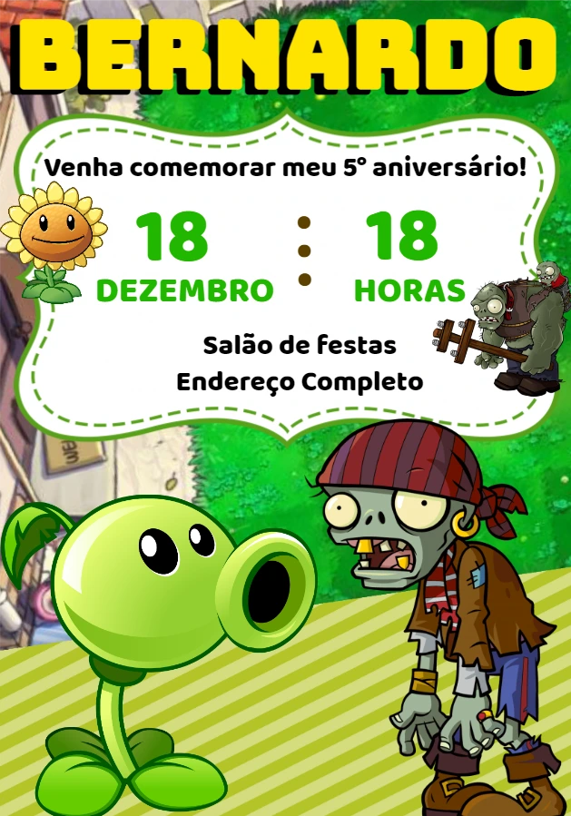 Convite de Aniversário Plantas vs Zumbis para Editar Online