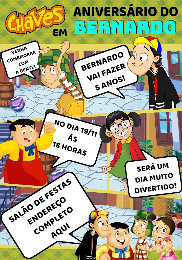 Convite de Aniversário Chaves com a Turma para Editar Online