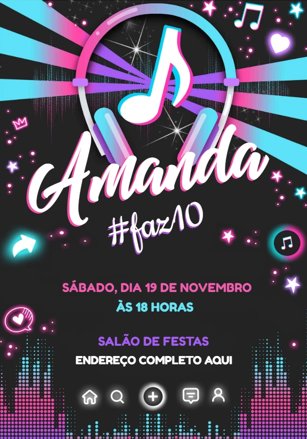 Convite de Aniversário TikTok Neon com Música para Editar Online