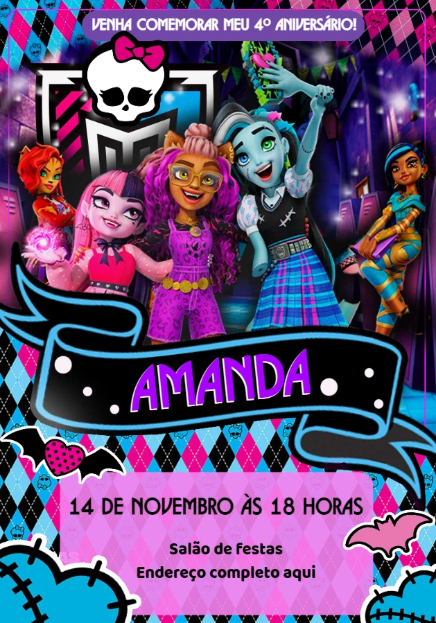 Convite de Aniversário Monster High com Personagens para Editar