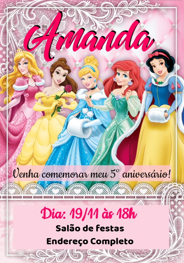 Convite de Aniversário Princesas para Editar Online