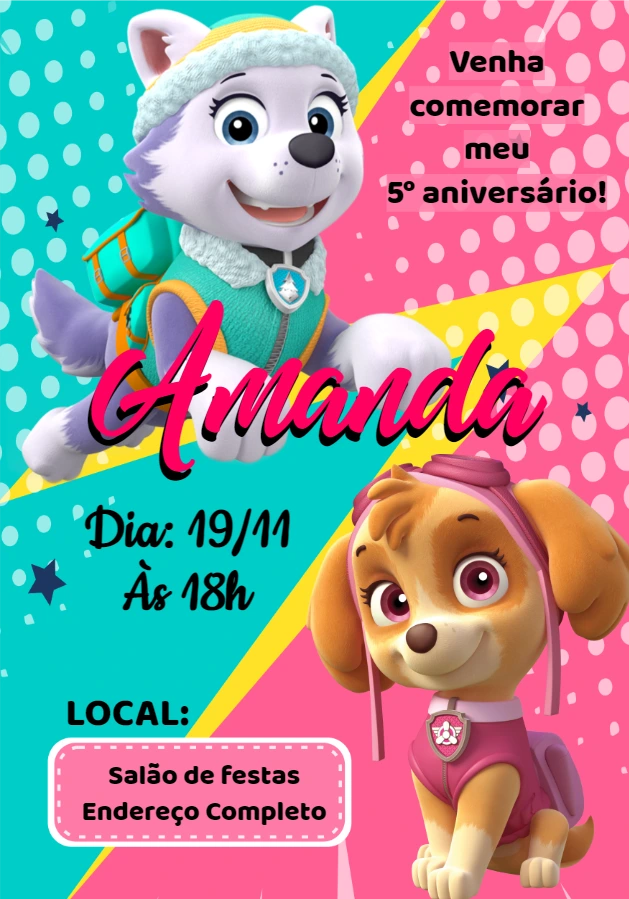 Convite Aniversário Skye e Everest Patrulha Canina para Editar