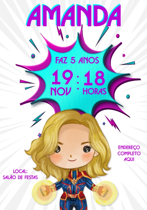 Convite Aniversário Capitã Marvel para Editar Online