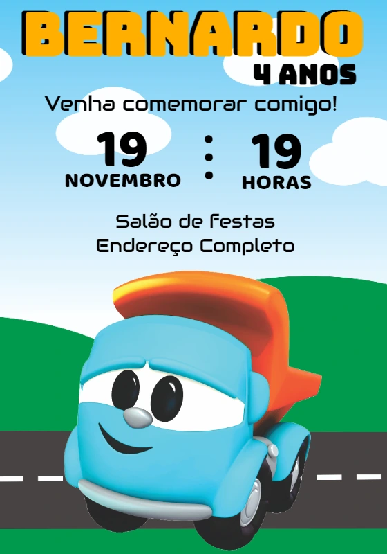 Convite de Aniversário Léo O Caminhão para Editar Online