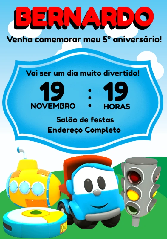 Convite Aniversário Léo O Caminhão Editável Online