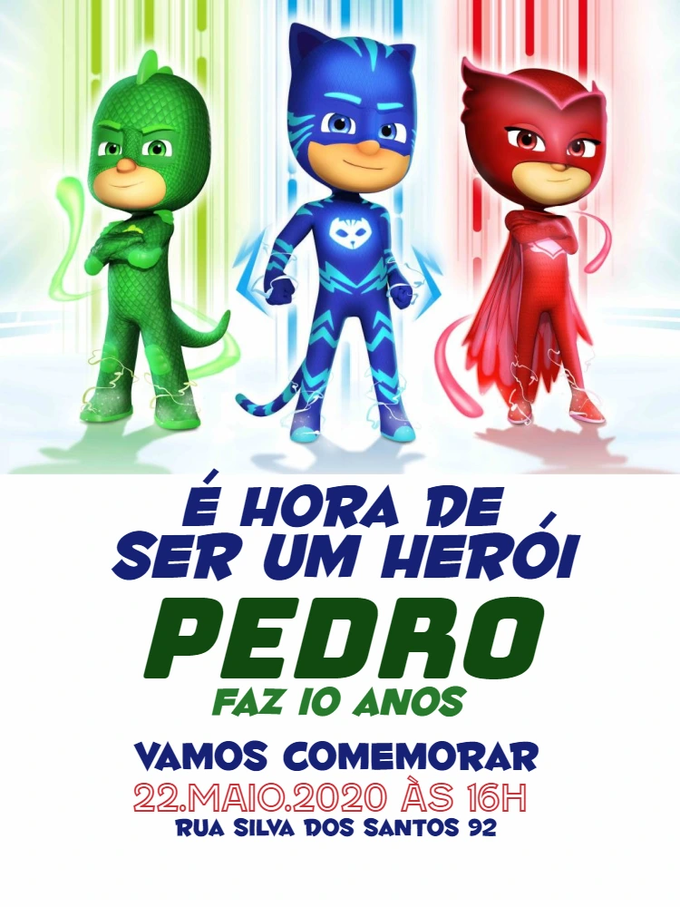Convite de Aniversário PJ Masks Editável Online