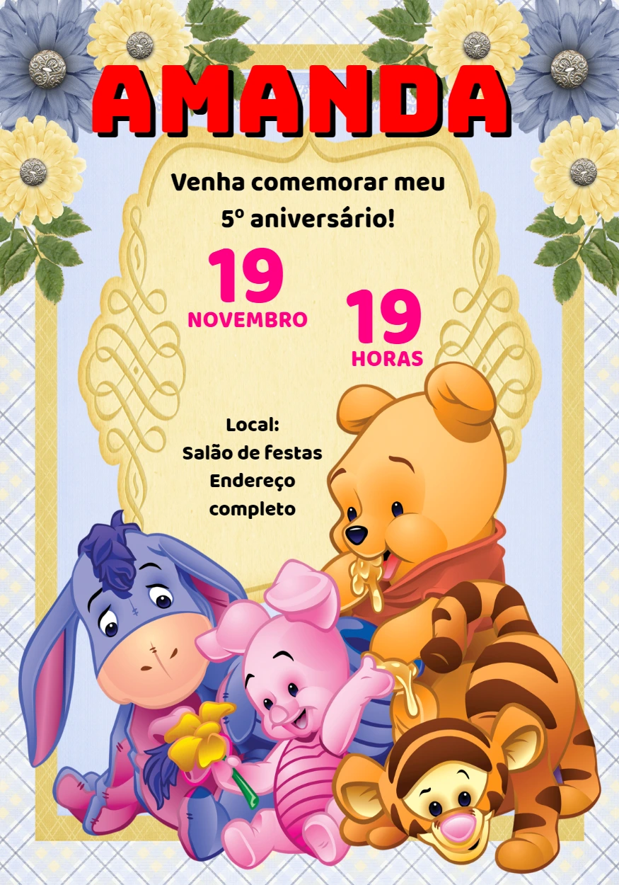 Convite de Aniversário Ursinho Pooh e Turma para Editar Online