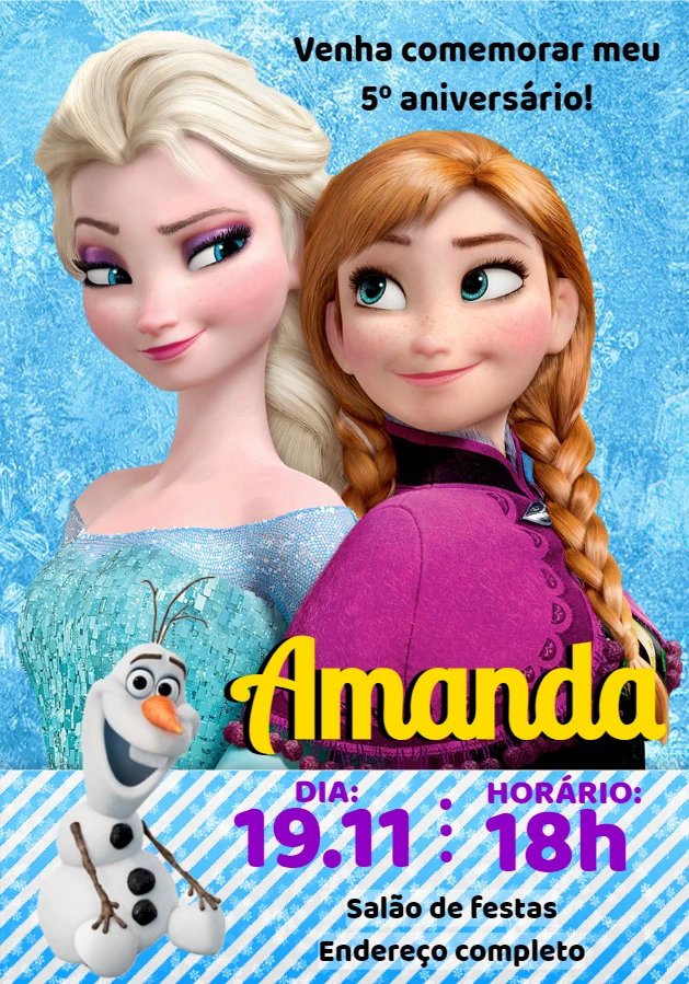 Convite de Aniversário Frozen com Personagens para Editar