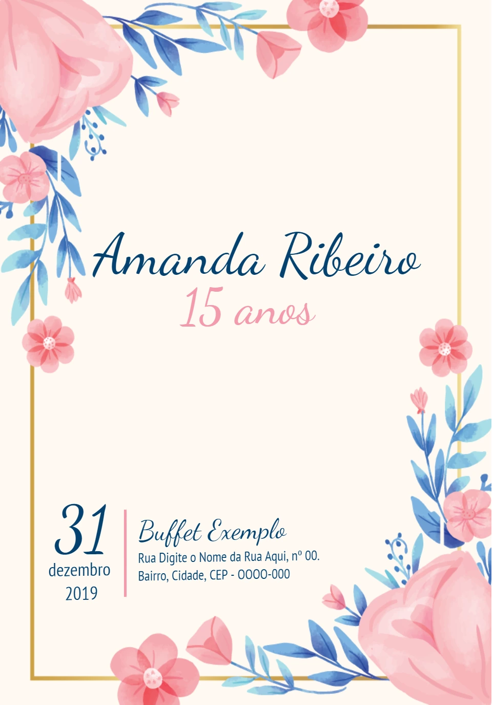 Convite 15 Anos Floral Aquarela para Editar Online