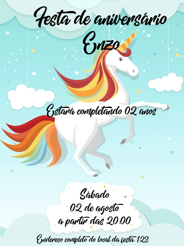 Convite de Aniversário Unicórnio Mágico para Editar Online