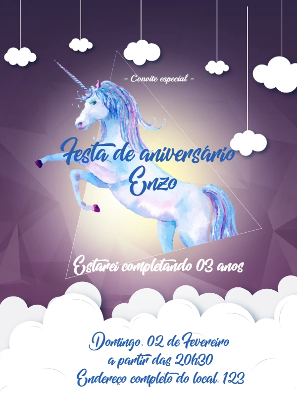 Convite de Aniversário Unicórnio Mágico para Editar Online
