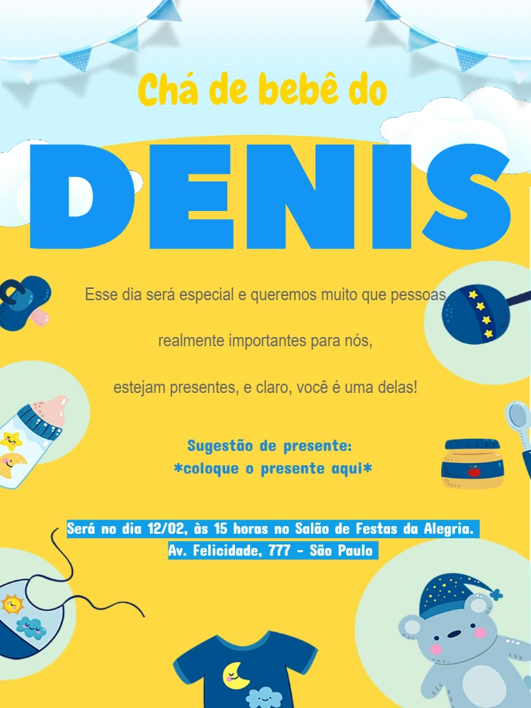 Convite de Chá de Bebê Ursinho Menino para Editar Online