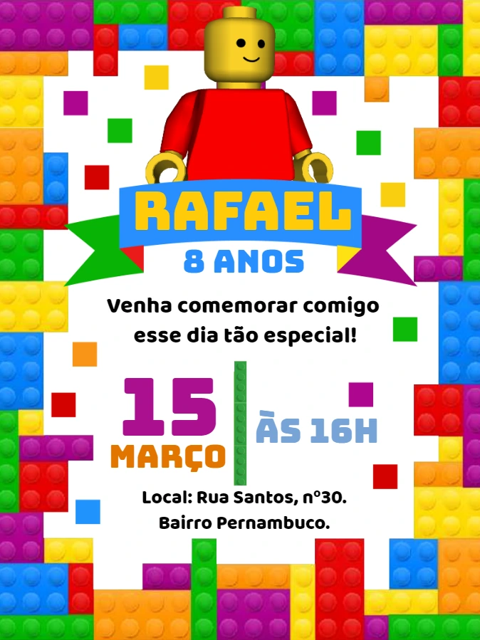 Convite de Aniversário Lego com Blocos Coloridos para Editar