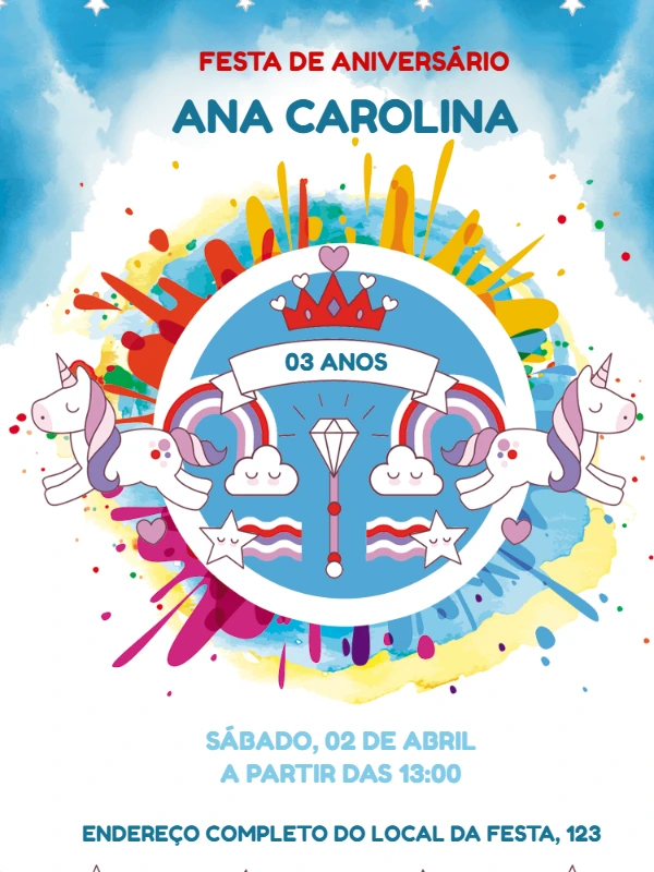 Convite de Aniversário Unicórnio Mágico para Editar Online