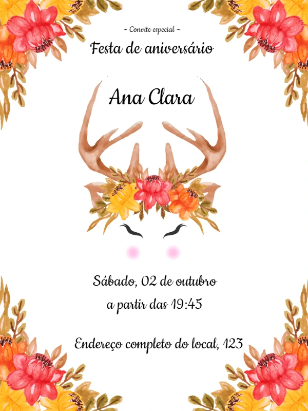 Convite Aniversário Cervinho Boho com Flores para Editar Online