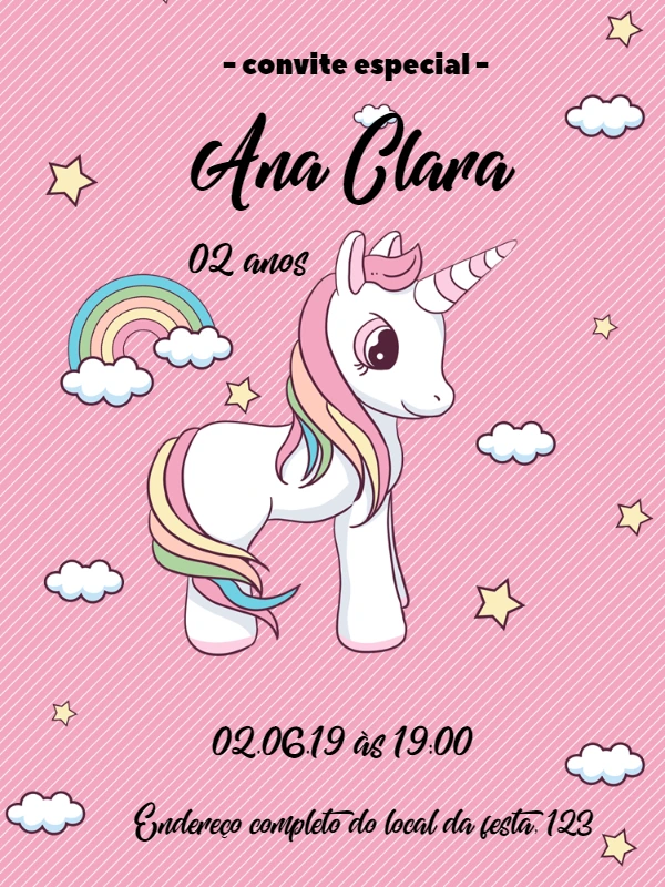 Convite de Aniversário Unicórnio Fofo para Editar Online