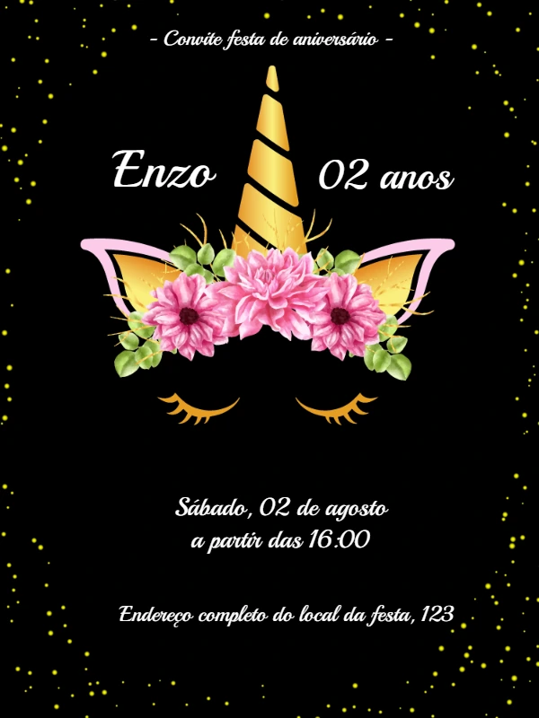 Convite Aniversário Unicórnio Dourado para Editar Online
