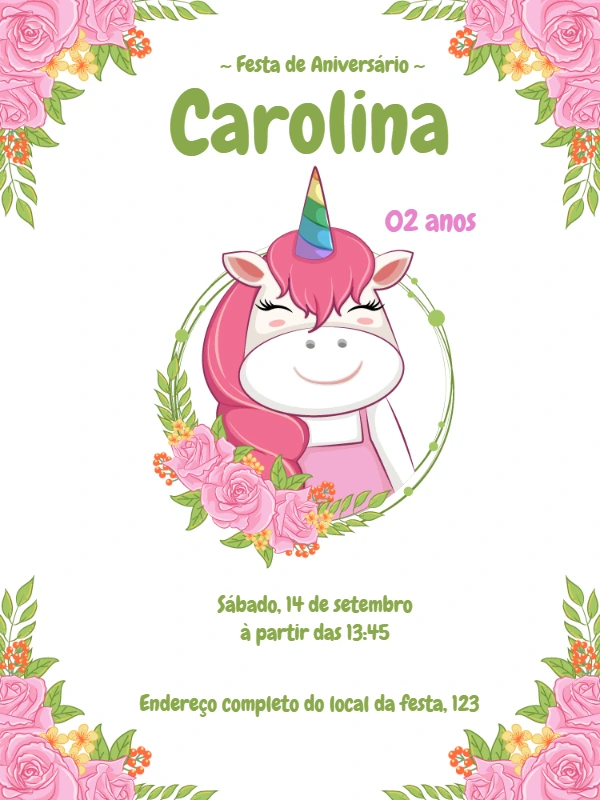 Convite de Aniversário Unicórnio Floral para Editar Online