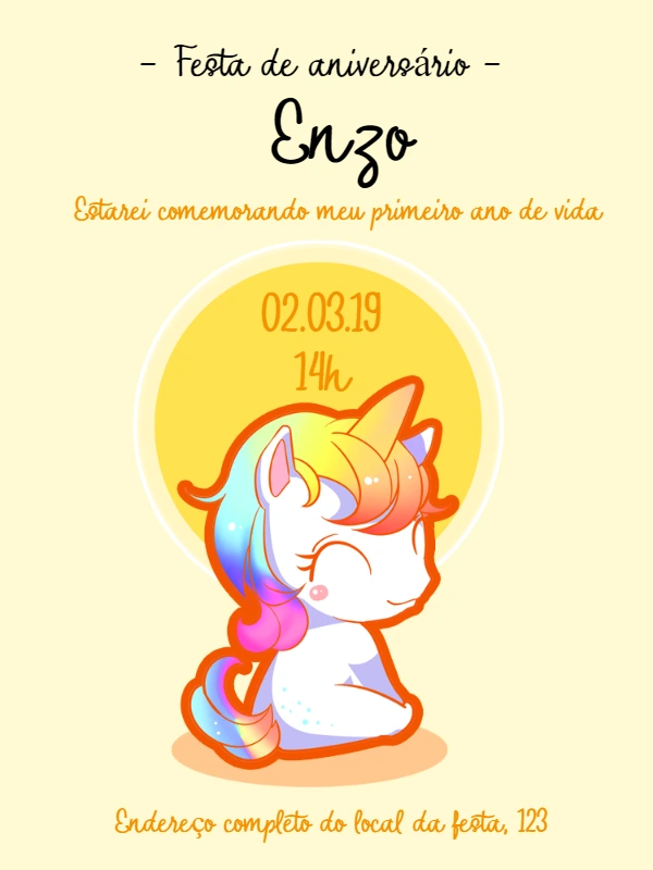 Convite de Aniversário Unicórnio Fofo para Editar Online