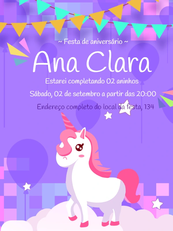 Convite de Aniversário Unicórnio Fofo para Editar Online